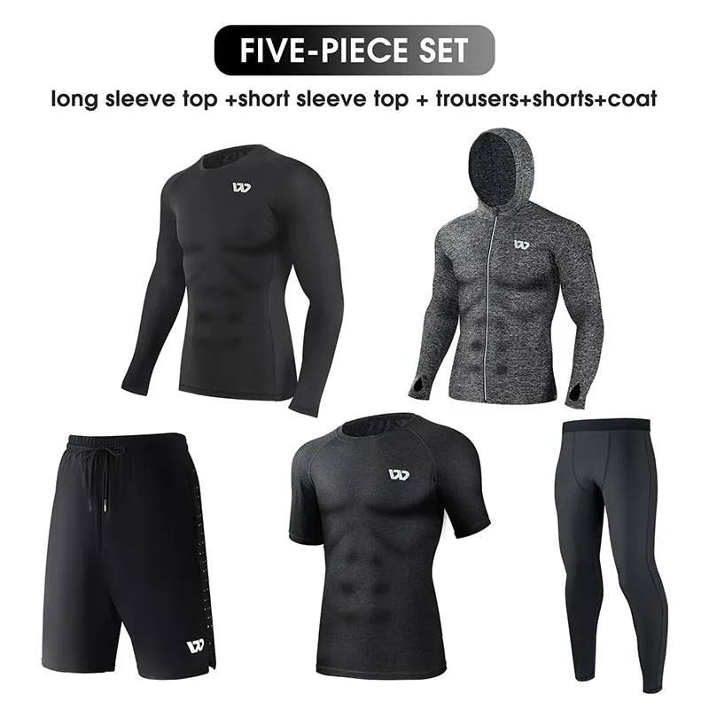 5Pcs Sport Suits Men's Compression Pants Shirt Top Long Sleeve Jacket Athletic Sets Gym Clothing Mens Workout