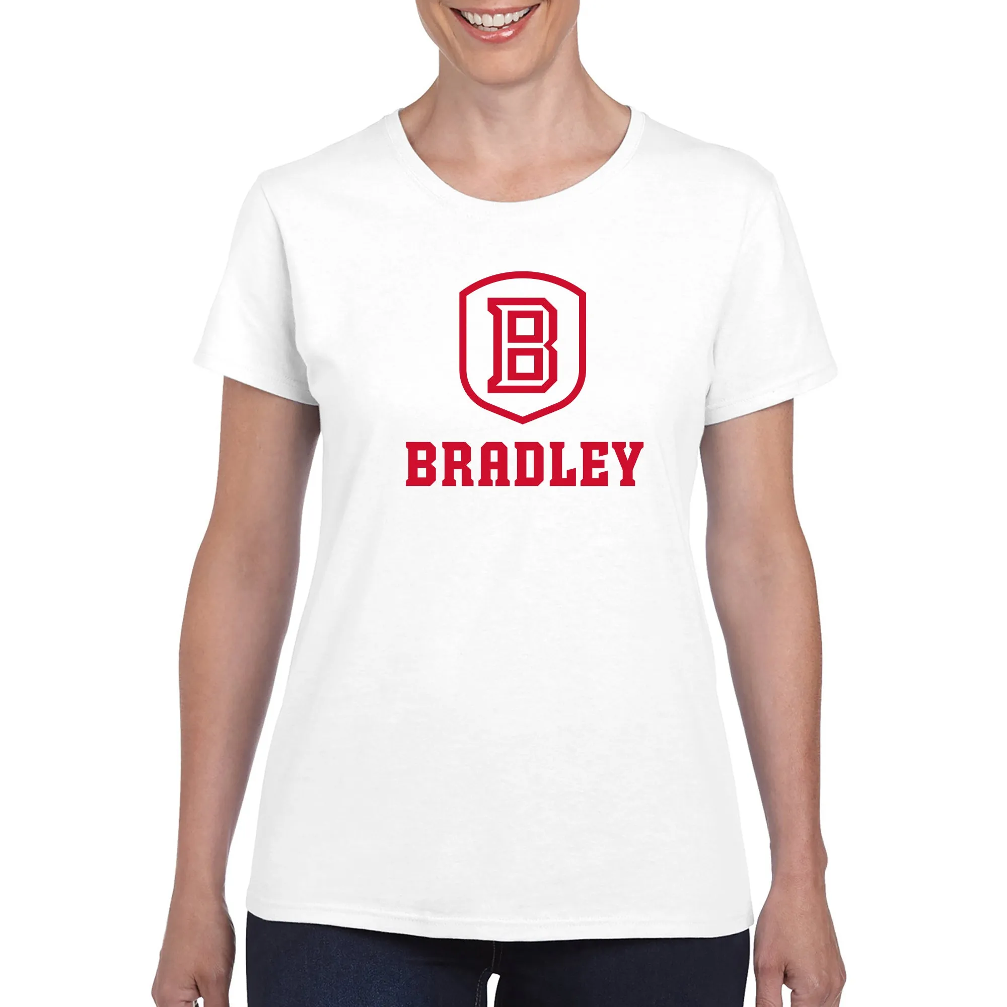 Bradley University Braves Primary Logo Basic Cotton Short Sleeve Womens T Shirt - White