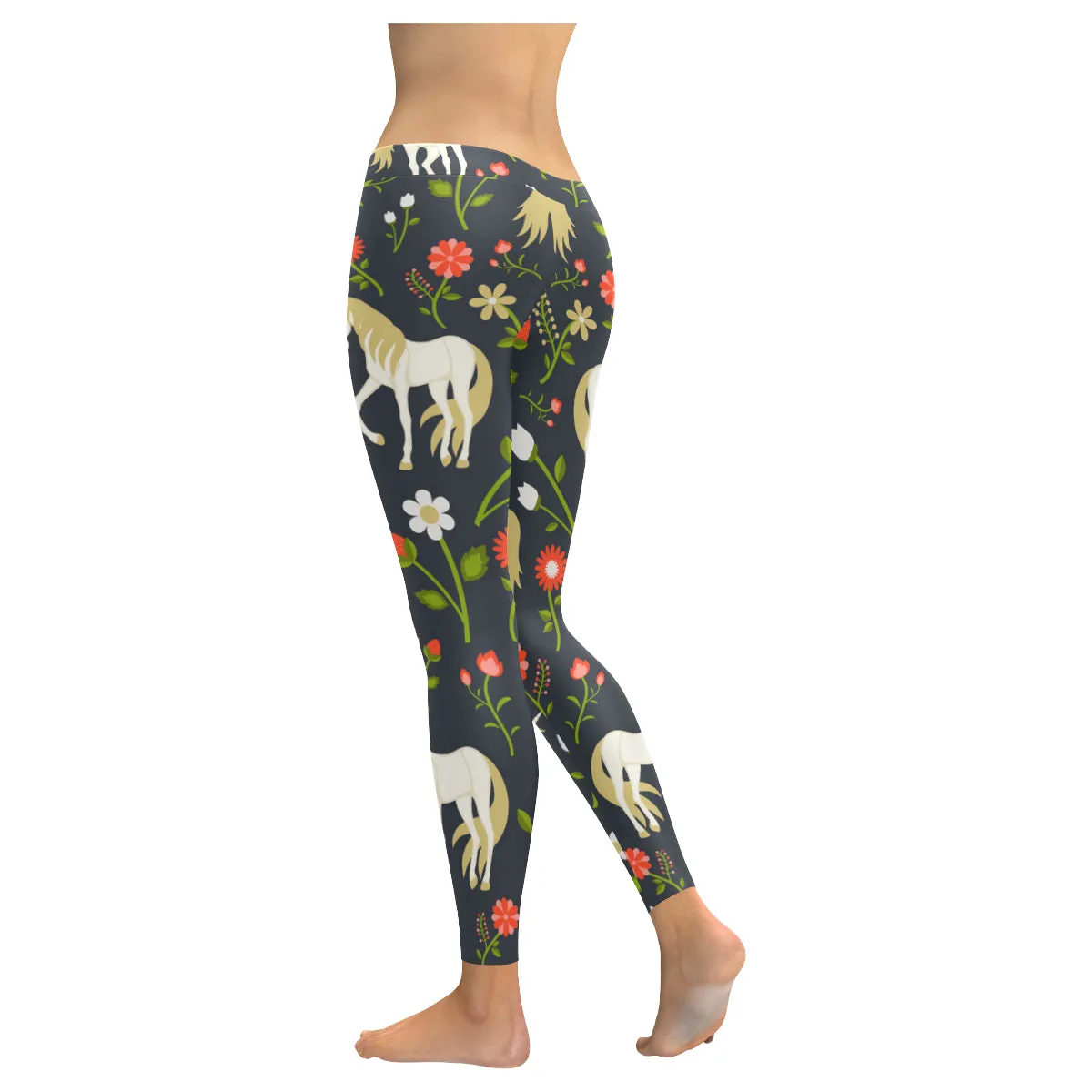 floral pattern with magic unicorns Women's Low Rise Leggings (Invisible Stitch)