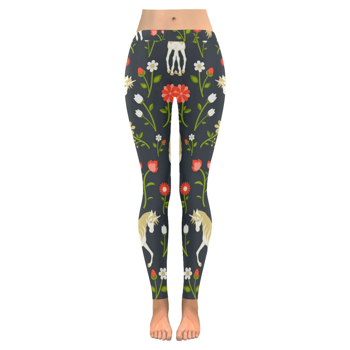 floral pattern with magic unicorns Women's Low Rise Leggings (Invisible Stitch)