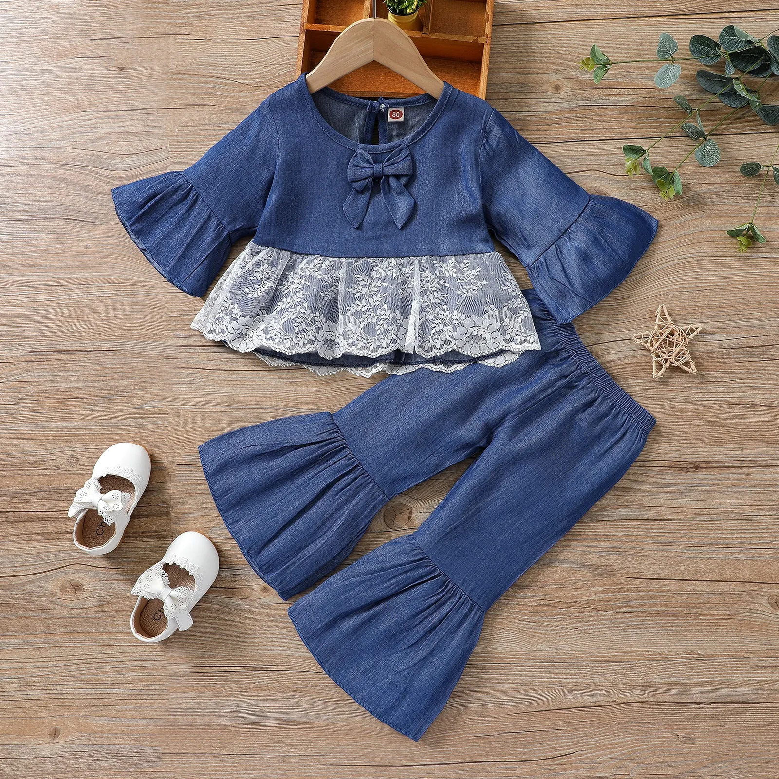 Girls 2 Piece Full Sleeve Dress Bow Top & Trouser Set, Denim Blue