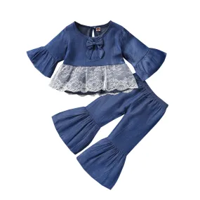 Girls 2 Piece Full Sleeve Dress Bow Top & Trouser Set, Denim Blue