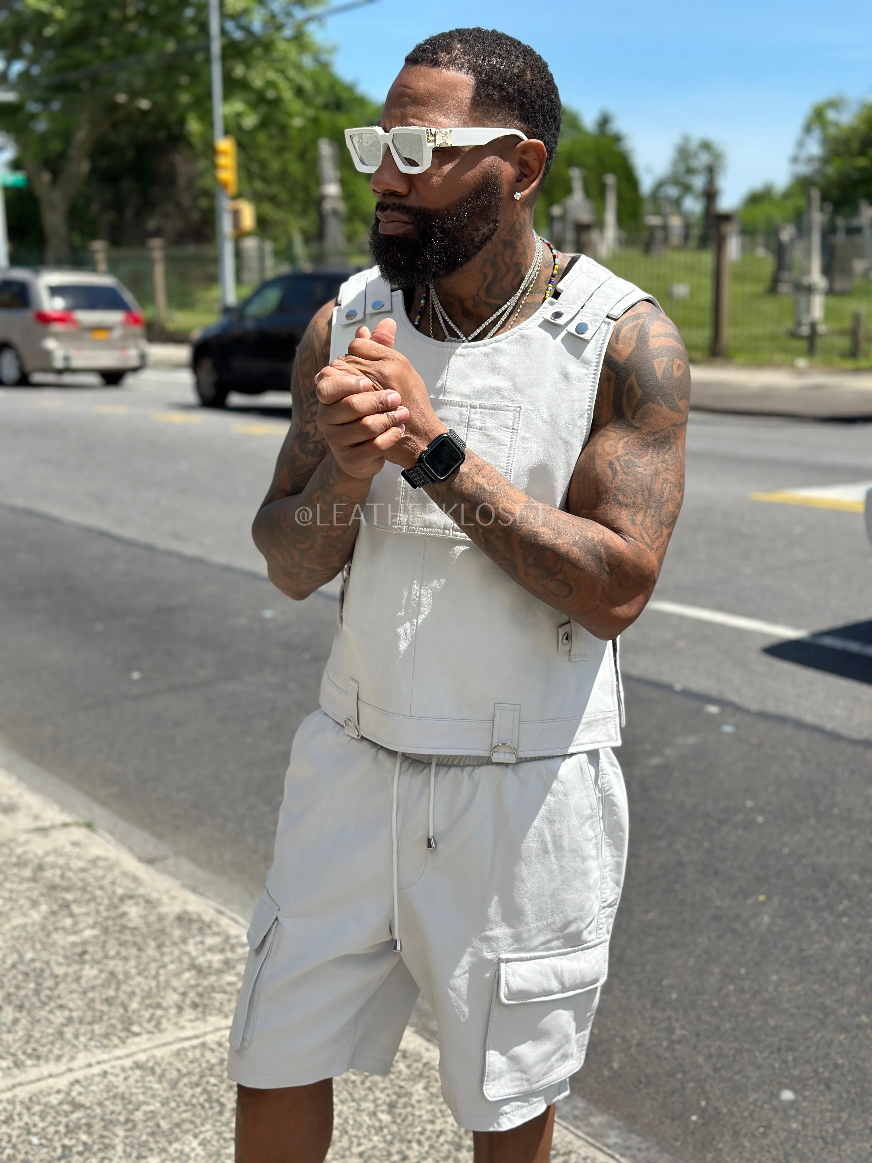 Men's Vegas Leather Vest And Shorts [White]