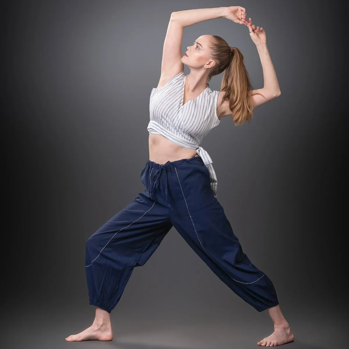 Navy-Stripe Handwoven Cotton Crop Top with Yoga Pant | Athleisure Harem Top with Pant Combo