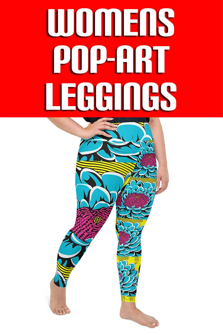 Women's Plus Size Pop Art Yoga Pants - Roy Lichtenstein Inspired Dahlia Print 002